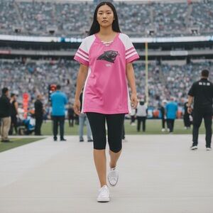 Majestic Fan Fashion Pink White Carolina Panthers Short Sleeve Tee Top Large